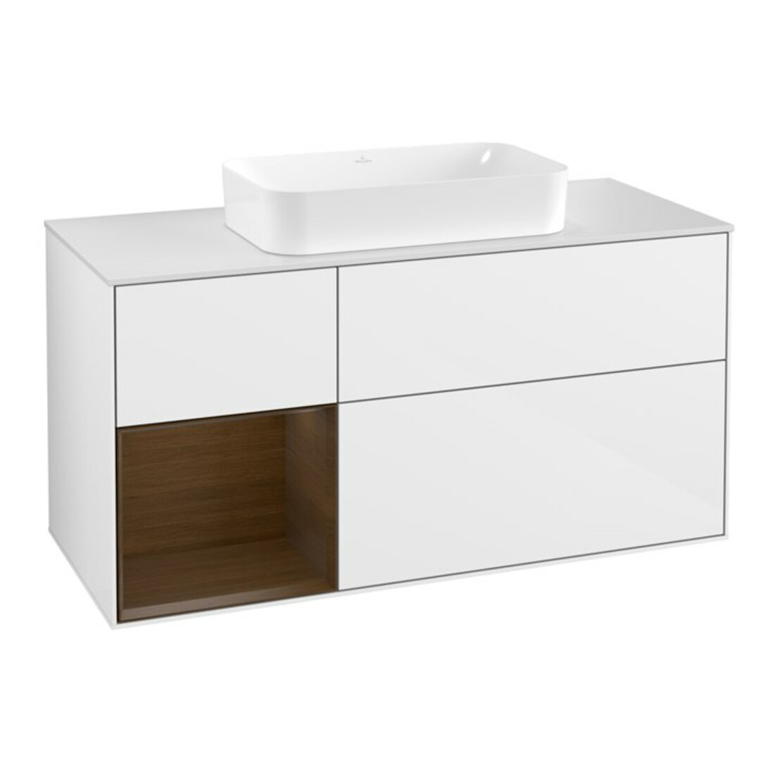 V&B Meuble sous lavabo Finion 120 cm, placage noyer, blanc brillant Lac