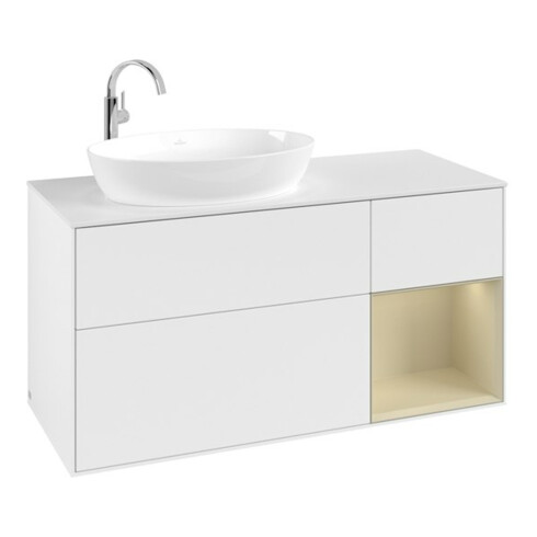 V&B Meuble sous-lavabo Finion 120 cm, placage noyer, façade gris mat laqué, blanc mat laqué