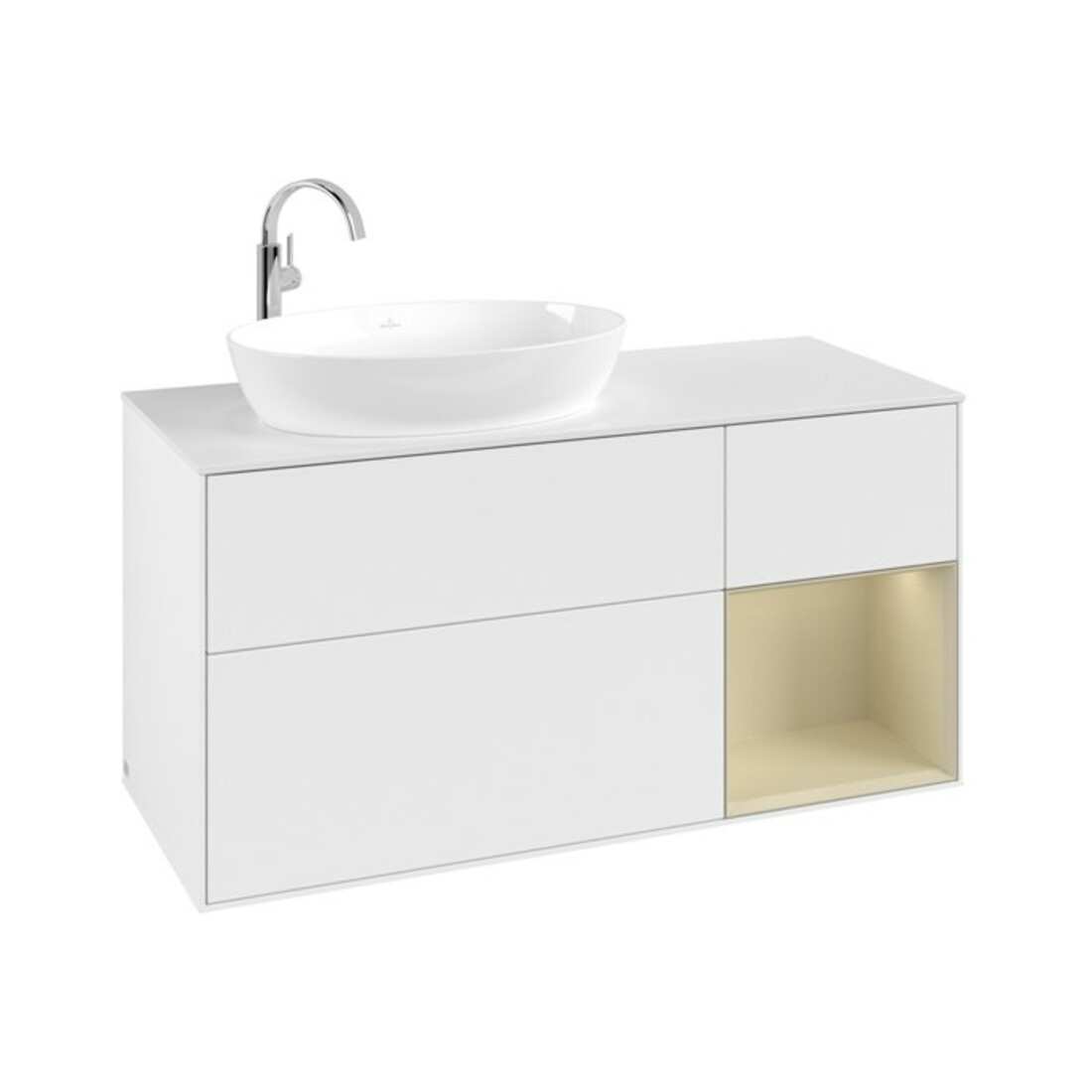 V&B Meuble sous-lavabo Finion 120 cm, placage noyer, façade gris mat laqué, blanc mat laqué