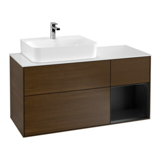 V&B Meuble sous lavabo Finion 120 cm, placage noyer, façade laquée bleu mat