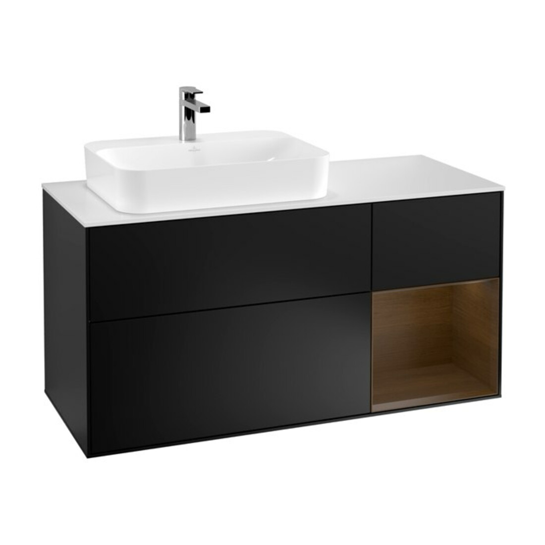 V&B Meuble sous lavabo Finion 120 cm, placage noyer, façade laquée bleue