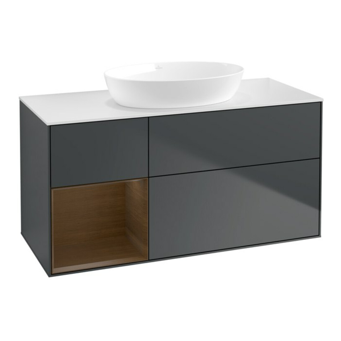 V&B Meuble sous lavabo Finion 120 cm, placage noyer, façade médium bleu mat laqué