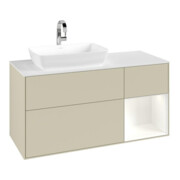 V&B Meuble sous lavabo Finion 120 cm, placage noyer, face blanc mat laqué, côtés gris mat laqué