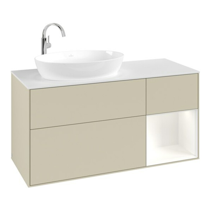 V&B Meuble sous lavabo Finion 120 cm, placage noyer, face blanche laquée, poignées gris laqué