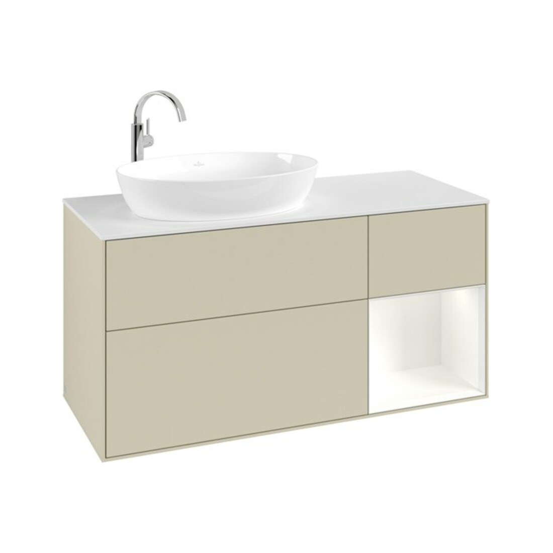 V&B Meuble sous lavabo Finion 120 cm, placage noyer, face blanche laquée, poignées gris laqué