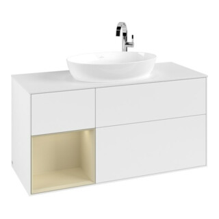 V&B Meuble sous lavabo Finion 120 cm, placage noyer, face gris mat laqué, blanc mat laqué