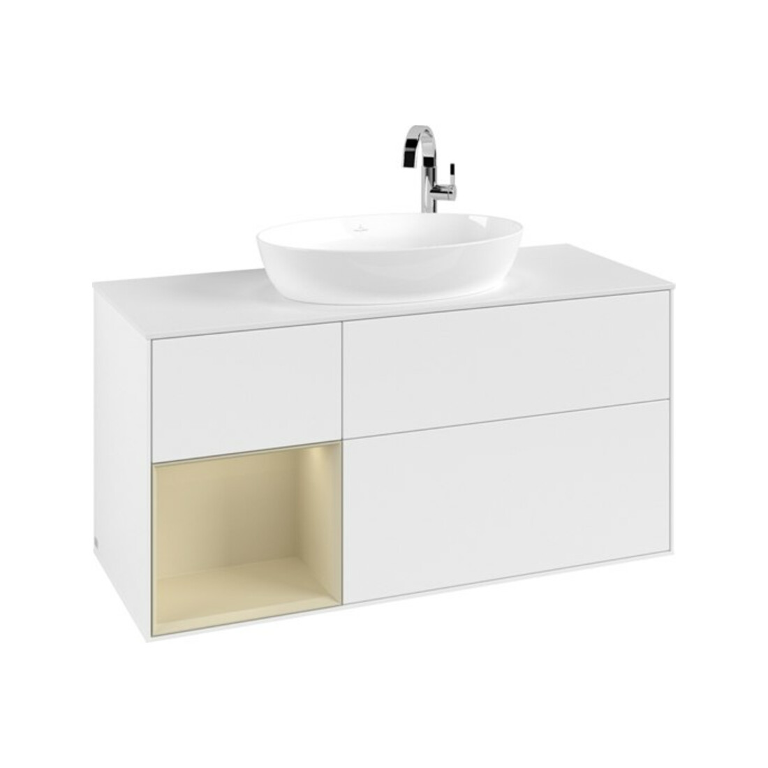 V&B Meuble sous lavabo Finion 120 cm, placage noyer, face gris mat laqué, blanc mat laqué