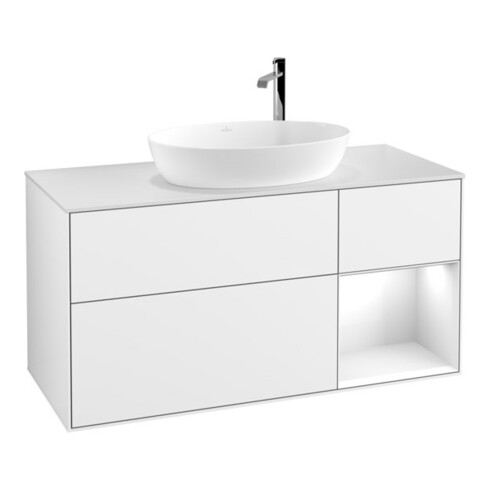 V&B Meuble sous lavabo Finion 120 cm, placage noyer, laqué blanc brillant