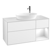 V&B Meuble sous lavabo Finion 120 cm, placage noyer, laqué blanc brillant