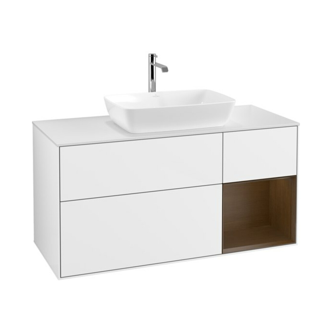 V&B Meuble sous lavabo Finion 120 cm, placage noyer, laque blanc brillant