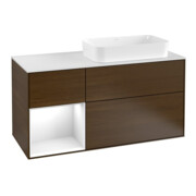 V&B Meuble sous lavabo Finion 120 cm, placage noyer, laqué blanc brillant