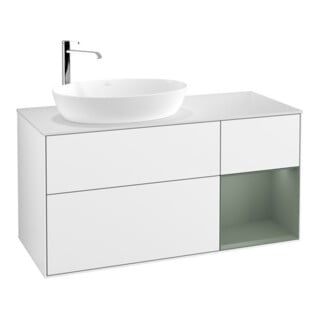 V&B Meuble sous lavabo Finion 120 cm, placage noyer, laqué blanc brillant