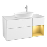 V&B Meuble sous lavabo Finion 120 cm, placage noyer, laqué brillant blanc