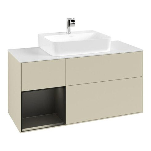 V&B Meuble sous lavabo Finion 120 cm, placage noyer, laqué gris clair