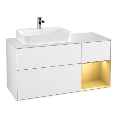 V&B Meuble sous lavabo Finion 120 cm, placage noyer, tiroir à droite, blanc brillant, laqué
