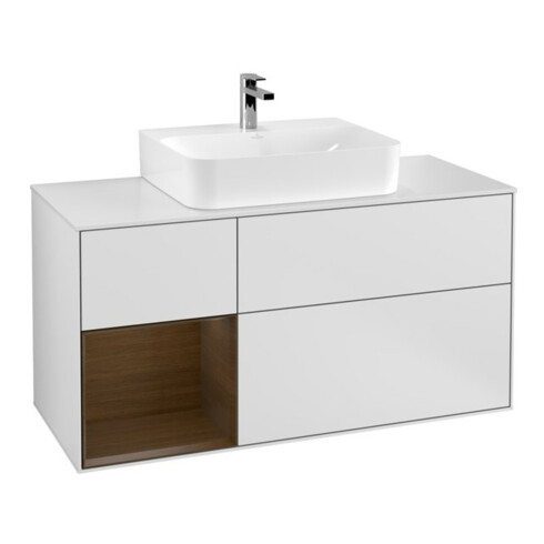V&B Meuble sous lavabo Finion 120 cm, placage noyer, tiroir gauche, blanc mat avec laque