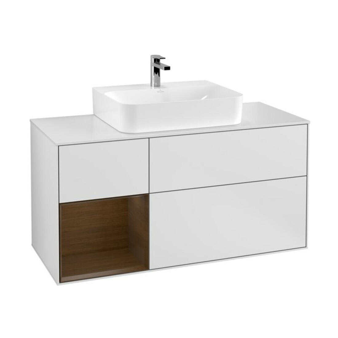 V&B Meuble sous lavabo Finion 120 cm, placage noyer, tiroir gauche, blanc mat avec laque