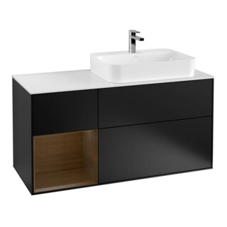 V&B Meuble sous lavabo Finion 120 cm, placage noyer, tiroir gauche, bleu mat laqué
