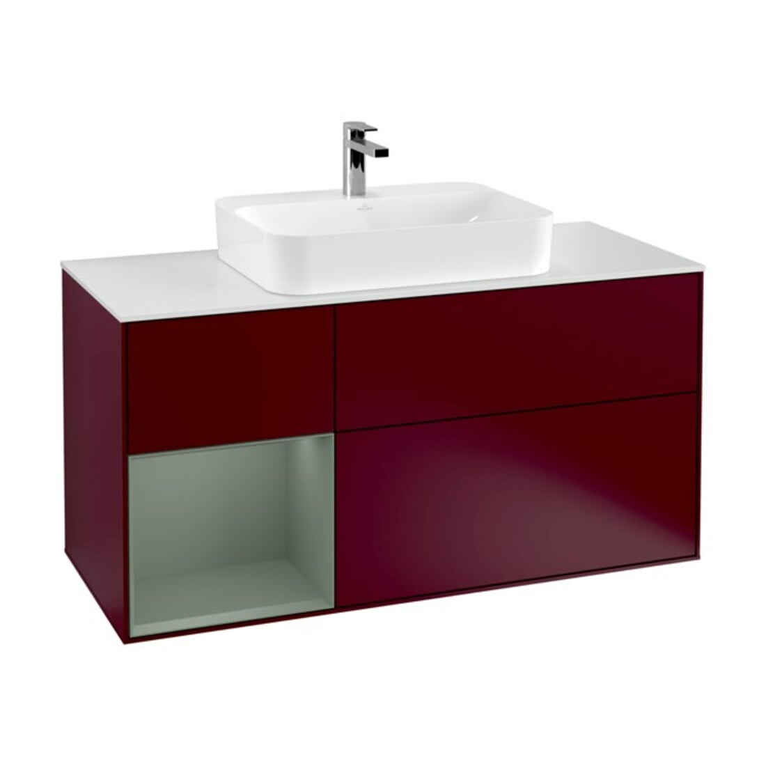 V&B Meuble sous lavabo Finion 120 cm, placage noyer, tiroir gauche, laqué, poignée métal