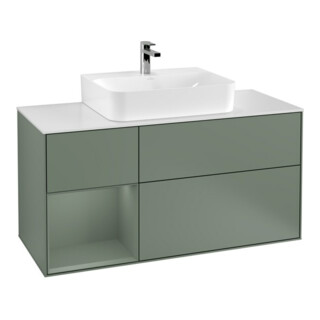 V&B Meuble sous lavabo Finion 120 cm, plan avec miroir, rangement latéral, olivier mat laqué