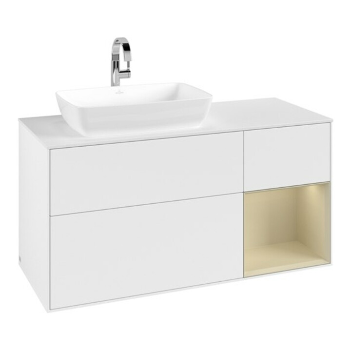 V&B Meuble sous-lavabo Finion 120 cm, plan avec miroir, rangement si Gris mat Laqué, blanc mat Laqué