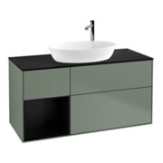 V&B Meuble sous lavabo Finion 120 cm, plan blanc mat, façade bleue mate laquée, olivier mat laqué