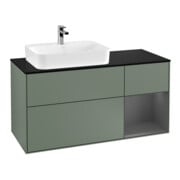 V&B Meuble sous lavabo Finion 120 cm, plan blanc mat, rangement arrière, olivier mat laqué