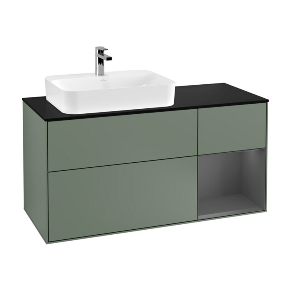 V&B Meuble sous lavabo Finion 120 cm, plan blanc mat, rangement arrière, olivier mat laqué