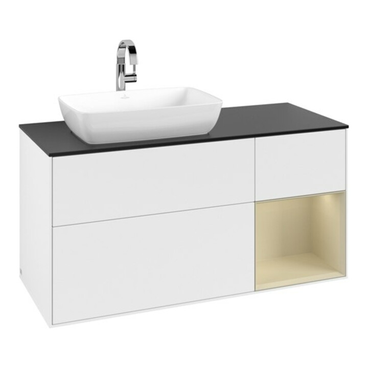 V&B Meuble sous lavabo Finion 120 cm, plan blanc mat, rangement gris mat laqué, blanc mat laqué