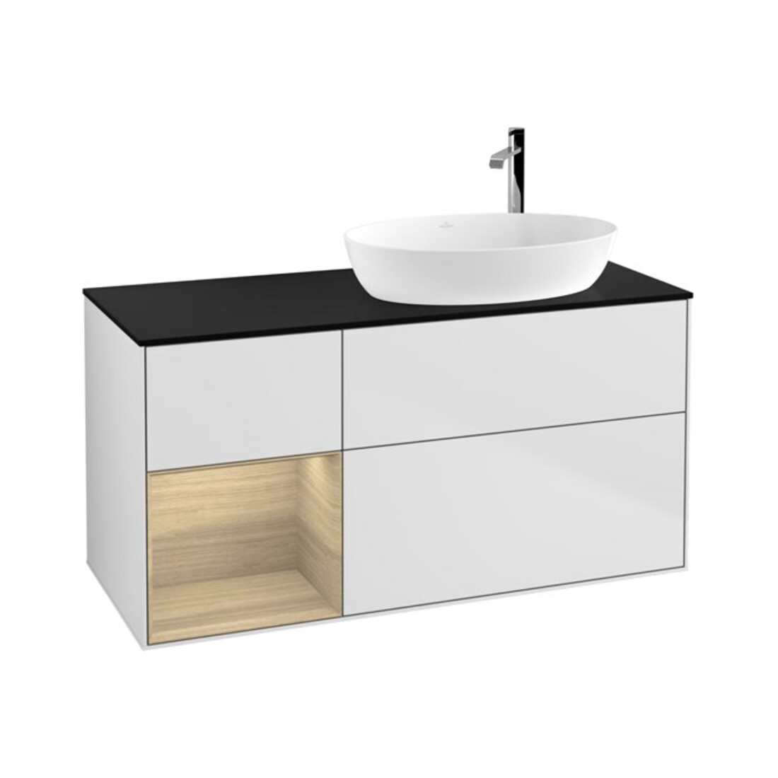 V&B Meuble sous lavabo Finion 120 cm, plan bleu mat, porte battante, blanc mat laqué