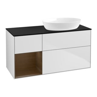 V&B Meuble sous lavabo Finion 120 cm, plan bleu mat, rangement bois de noyer, blanc mat Lac