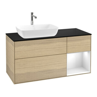 V&B Meuble sous lavabo Finion 120 cm, plan bleu mat, rangement brillant blanc, lavabo Ven