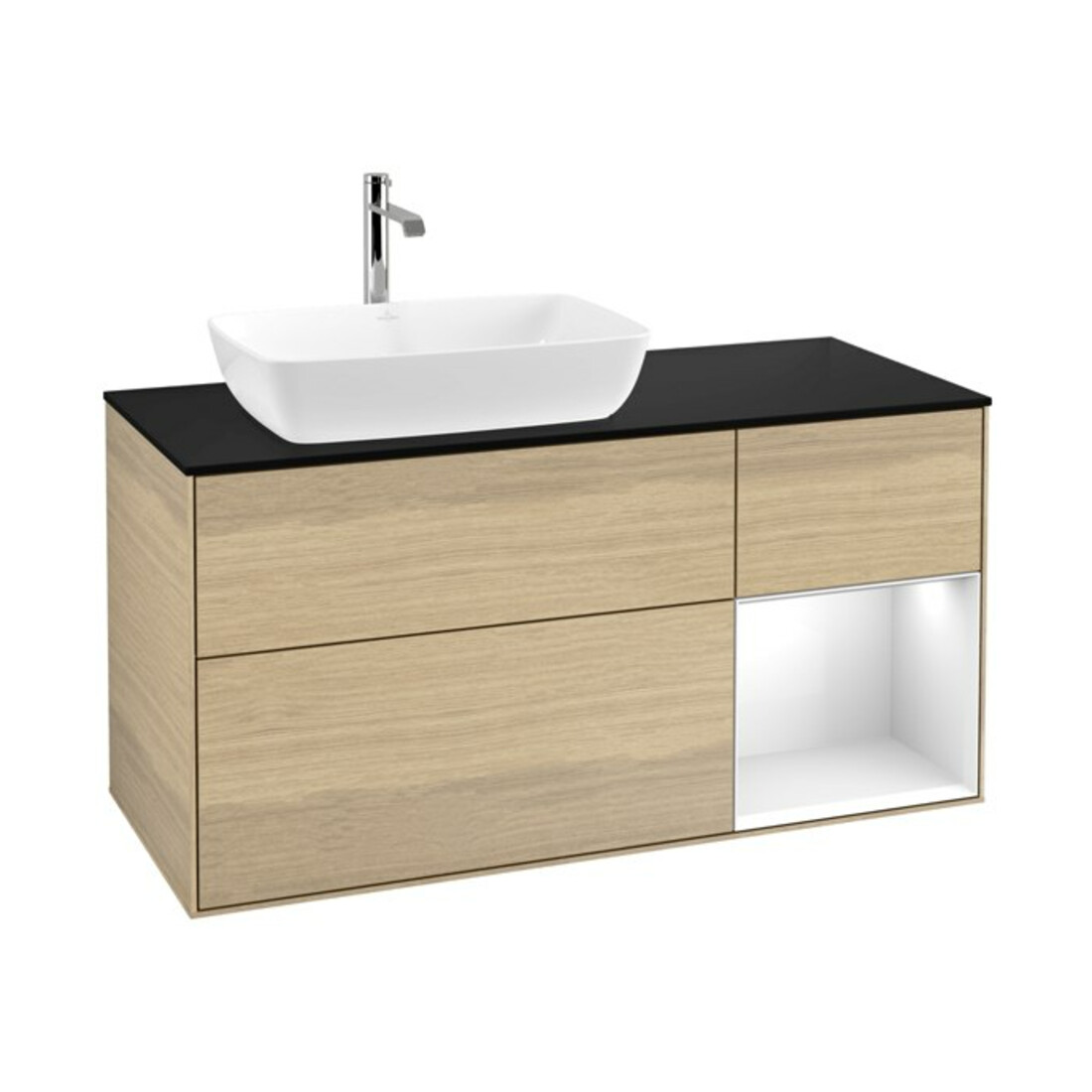 V&B Meuble sous lavabo Finion 120 cm, plan bleu mat, rangement brillant blanc, lavabo Ven