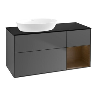 V&B Meuble sous lavabo Finion 120 cm, plan bleu mat, rangement chêne veiné, anthracite mat