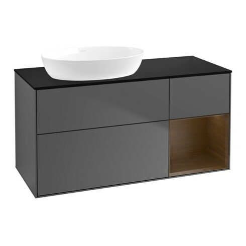 V&B Meuble sous lavabo Finion 120 cm, plan bleu mat, rangement chêne veiné, anthracite mat