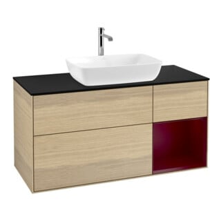 V&B Meuble sous lavabo Finion 120 cm, plan bleu mat, rangement Peo mat laqué, Oa ven