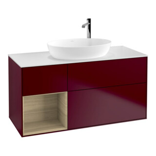 V&B Meuble sous lavabo Finion 120 cm, plan de découpe blanc, étagère Oa ven, Peo m