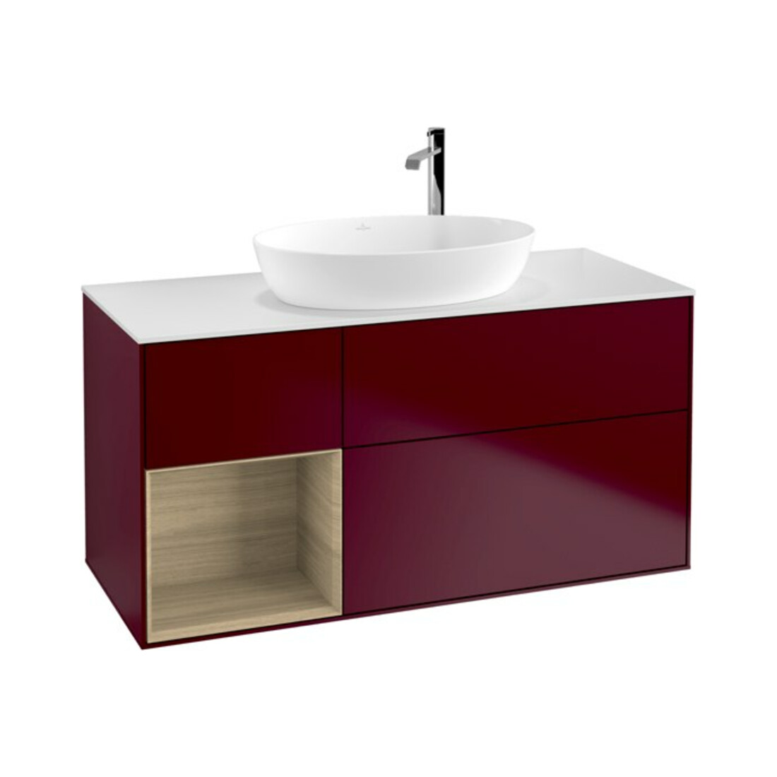 V&B Meuble sous lavabo Finion 120 cm, plan de découpe blanc, étagère Oa ven, Peo m