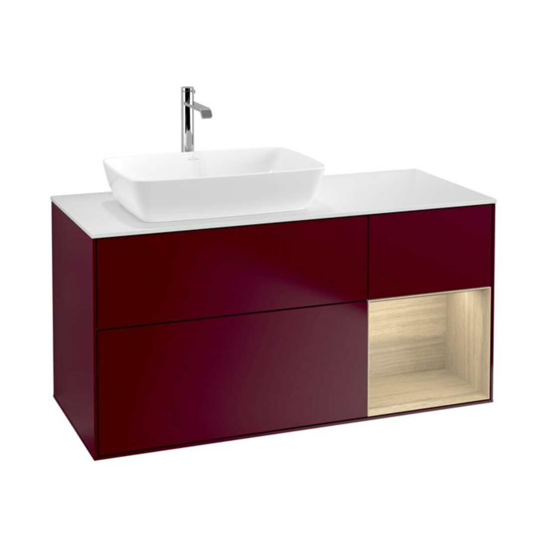 V&B Meuble sous lavabo Finion 120 cm, plan de toilette blanc, étagère Oa ven, Peo m