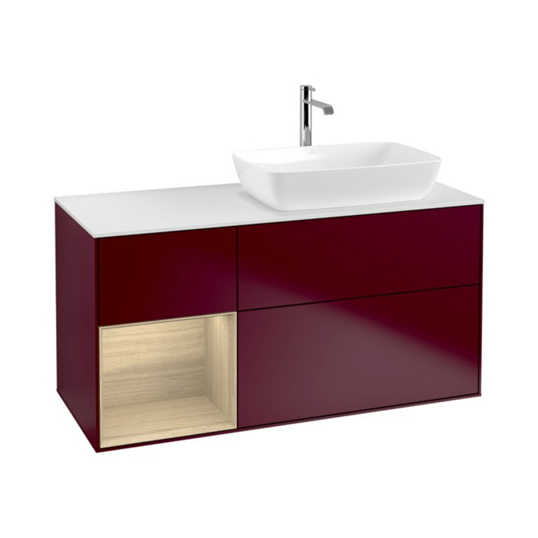 V&B Meuble sous lavabo Finion 120 cm, plan de toilette blanc, étagère ouverte, poignée métal