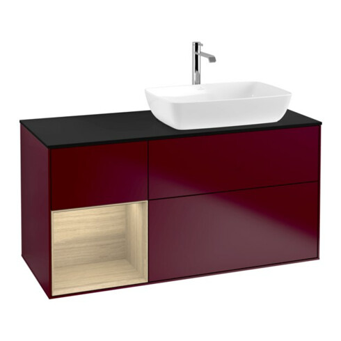 V&B Meuble sous lavabo Finion 120 cm, plan de toilette bleu mat, étagère ouverte, poignée mate