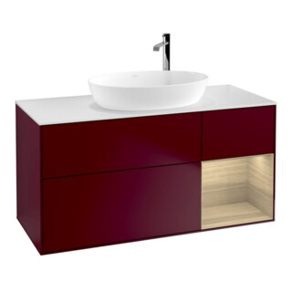 V&B Meuble sous lavabo Finion 120 cm, plan de travail blanc, étagère ouverte, poignée métal