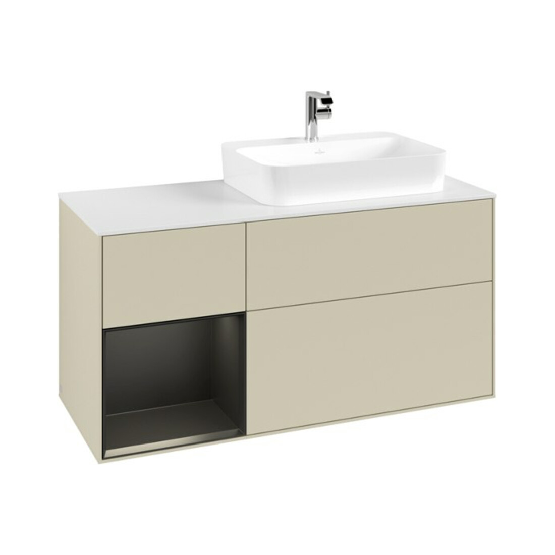 V&B Meuble sous lavabo Finion 120 cm, Plaqué blanc mat, Bord gauche blanc laqué, poignée gris mat laqué