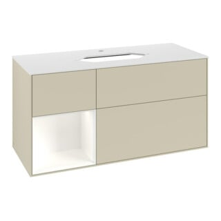 V&B Meuble sous lavabo Finion 120 cm, Plaqué blanc mat, Rangé laqué blanc mat, poignée gris mat laqué