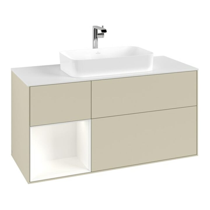 V&B Meuble sous lavabo Finion 120 cm, Plaqué blanc mat, Rangé laqué blanc mat, poignée gris mat laqué