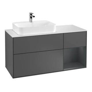 V&B Meuble sous lavabo Finion 120 cm, Plaqué blanc mat, Rangement réglable, Avec miroir
