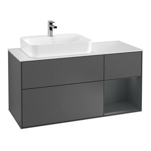 V&B Meuble sous lavabo Finion 120 cm, Plaqué blanc mat, Rangement réglable, Avec miroir