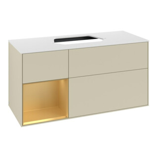V&B Meuble sous-lavabo Finion 120 cm, Plaqué blanc mat, Tiroir gauche, Poignée argent mat Lac