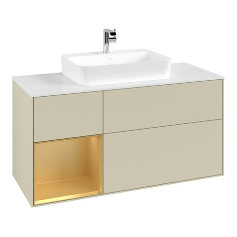 V&B Meuble sous-lavabo Finion 120 cm, Plaqué blanc mat, Tiroir gauche, Poignée argent mat Lac