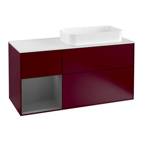 V&B Meuble sous lavabo Finion 120 cm, Plaque blanche mat, Tiroir gauche anthracite mat, Poignée mat